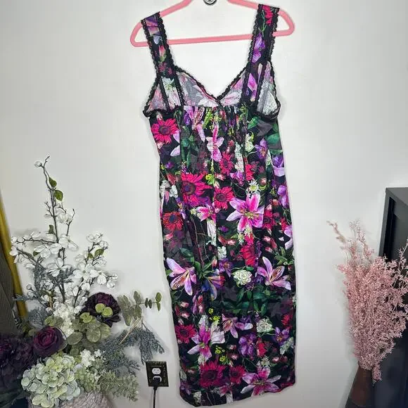 MARCHESA NOTTE Dark Floral Botanical Poplin Midi Dress Whimsy Goth Sz 12 {3Q36}
